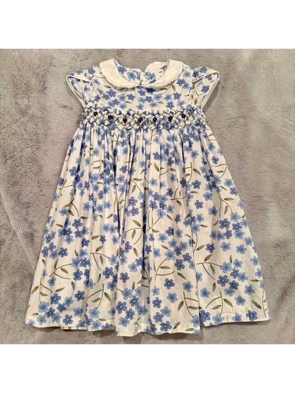 Girls Blue Floral Smocked Dress with Peter Pan Collar